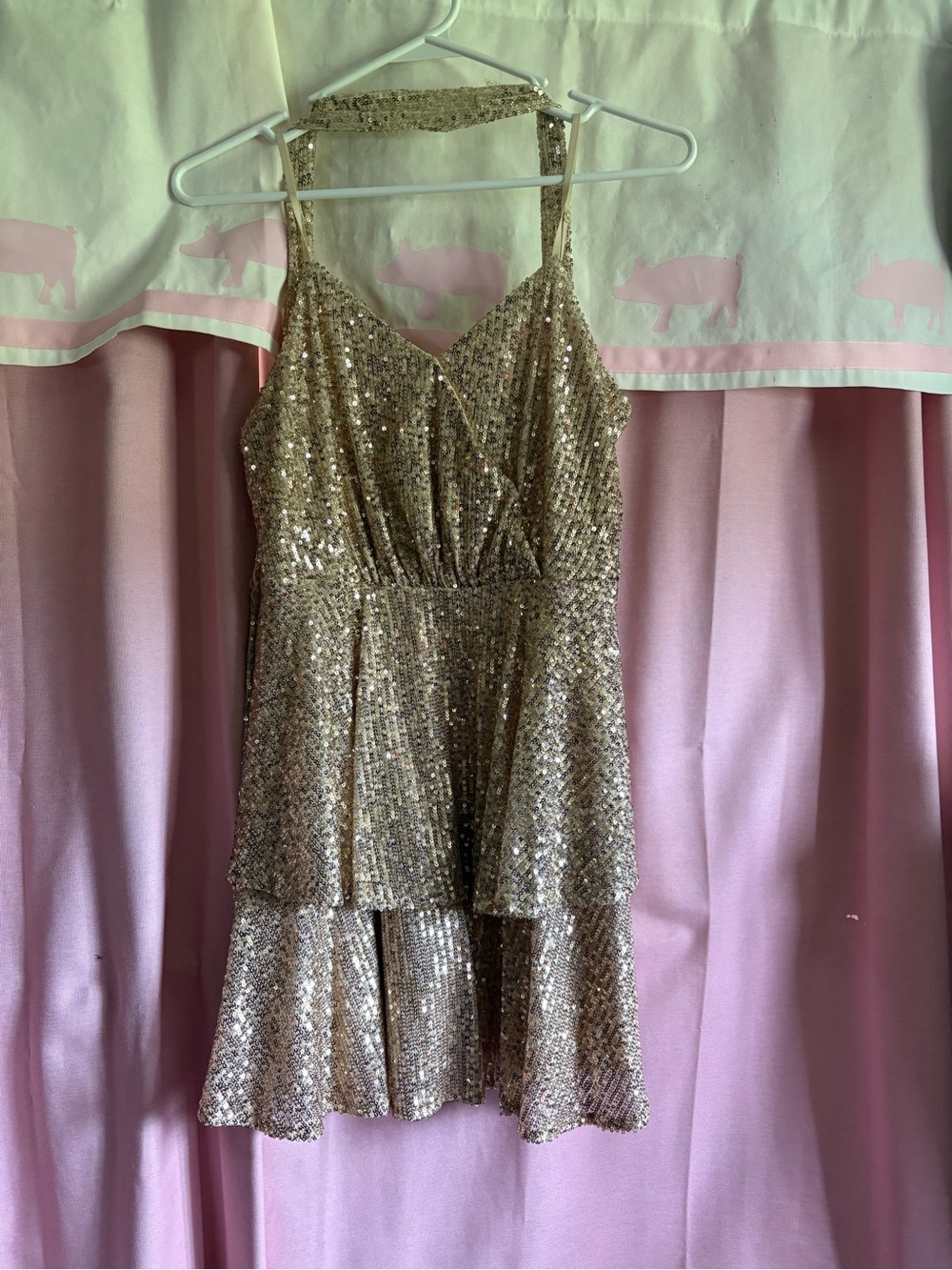Trixxi Gold Sequin Tiered Halter Party Dress